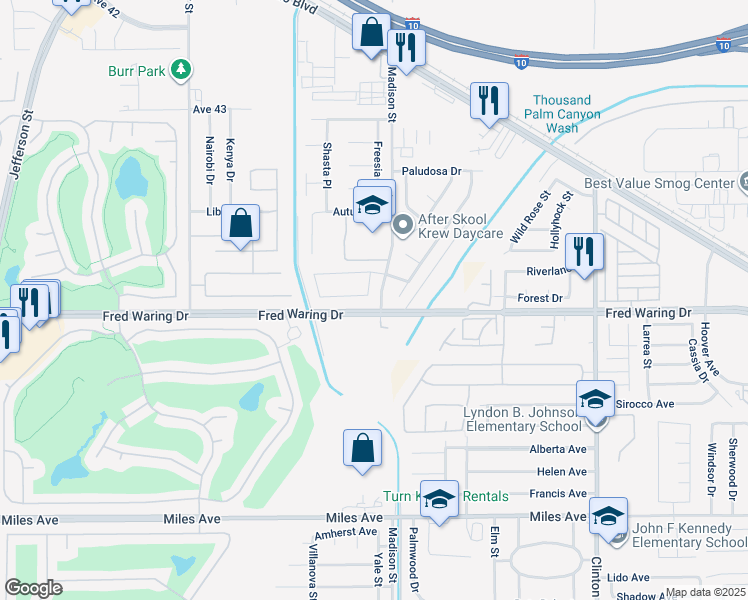 map of restaurants, bars, coffee shops, grocery stores, and more near 43916 Aspen Street in Indio