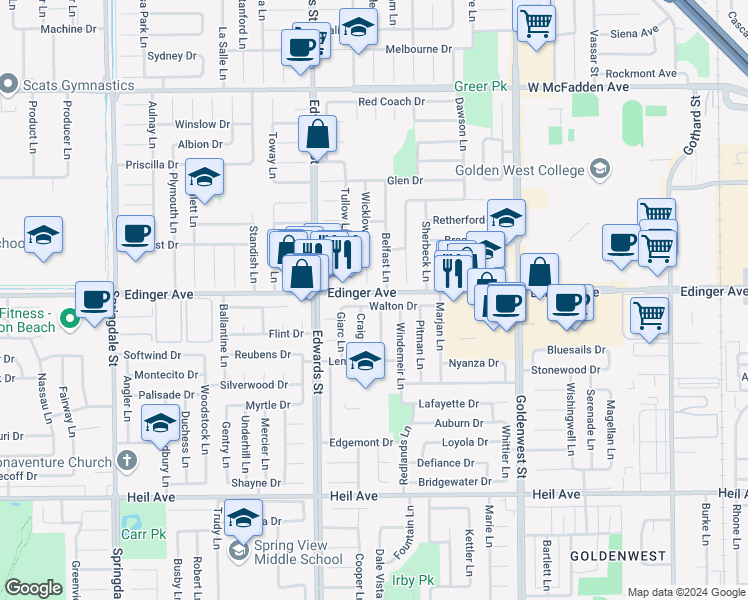 map of restaurants, bars, coffee shops, grocery stores, and more near 6631 Walton Drive in Huntington Beach