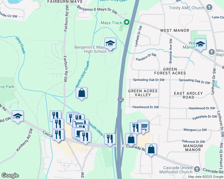 map of restaurants, bars, coffee shops, grocery stores, and more near 1045 Research Center Drive Southwest in Atlanta