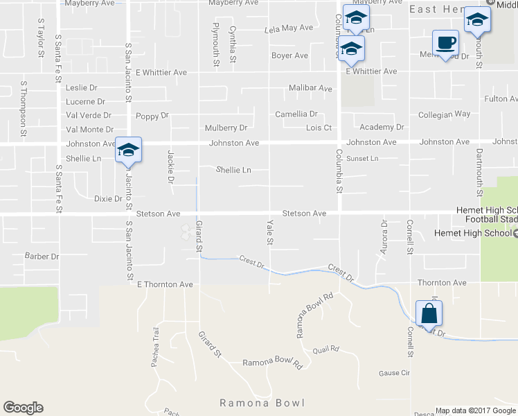 map of restaurants, bars, coffee shops, grocery stores, and more near 40722 Stetson Avenue in Hemet