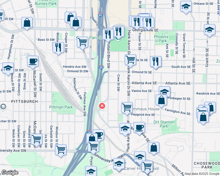 map of restaurants, bars, coffee shops, grocery stores, and more near 918 Washington Street Southwest in Atlanta