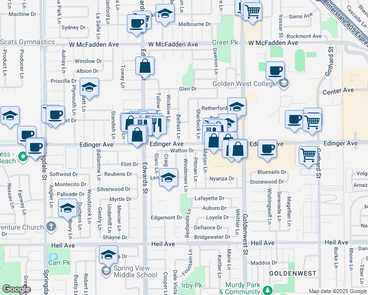 map of restaurants, bars, coffee shops, grocery stores, and more near 6691 Walton Drive in Huntington Beach