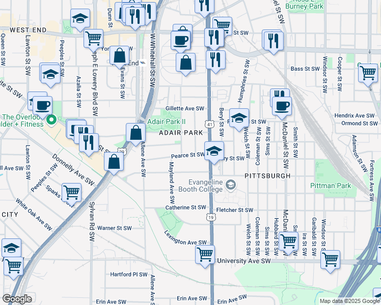 map of restaurants, bars, coffee shops, grocery stores, and more near 673 Pearce Street Southwest in Atlanta