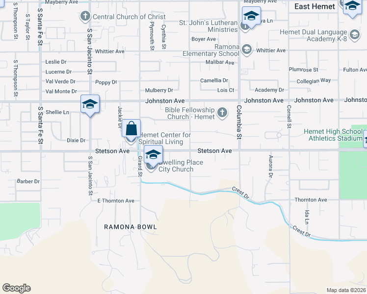 map of restaurants, bars, coffee shops, grocery stores, and more near 40722 Stetson Avenue in Hemet