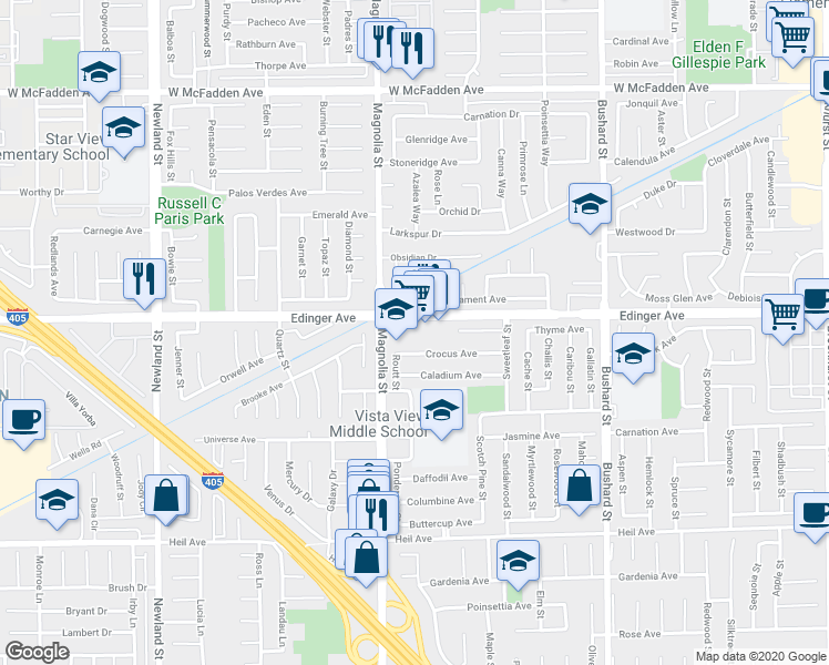 map of restaurants, bars, coffee shops, grocery stores, and more near 16042 Magnolia Street in Fountain Valley