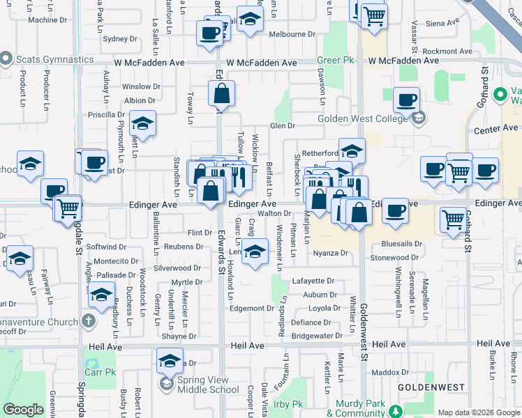 map of restaurants, bars, coffee shops, grocery stores, and more near 6631 Walton Drive in Huntington Beach