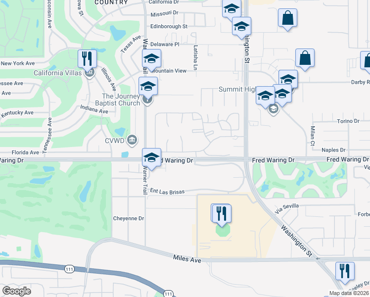 map of restaurants, bars, coffee shops, grocery stores, and more near 43902 Vía Palma in Palm Desert
