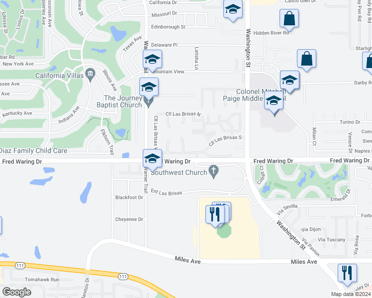 map of restaurants, bars, coffee shops, grocery stores, and more near 43902 Vía Palma in Palm Desert
