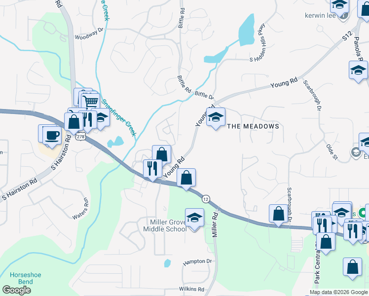 map of restaurants, bars, coffee shops, grocery stores, and more near 4626 Biffle Road in Stone Mountain