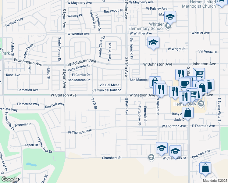 map of restaurants, bars, coffee shops, grocery stores, and more near 1027 Camino del Rancho in Hemet