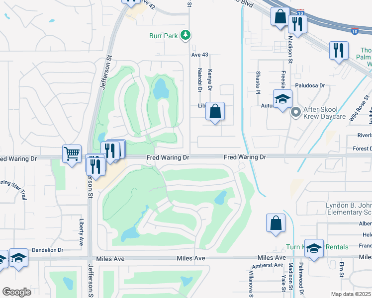 map of restaurants, bars, coffee shops, grocery stores, and more near 43988 Medinah Drive in Indio