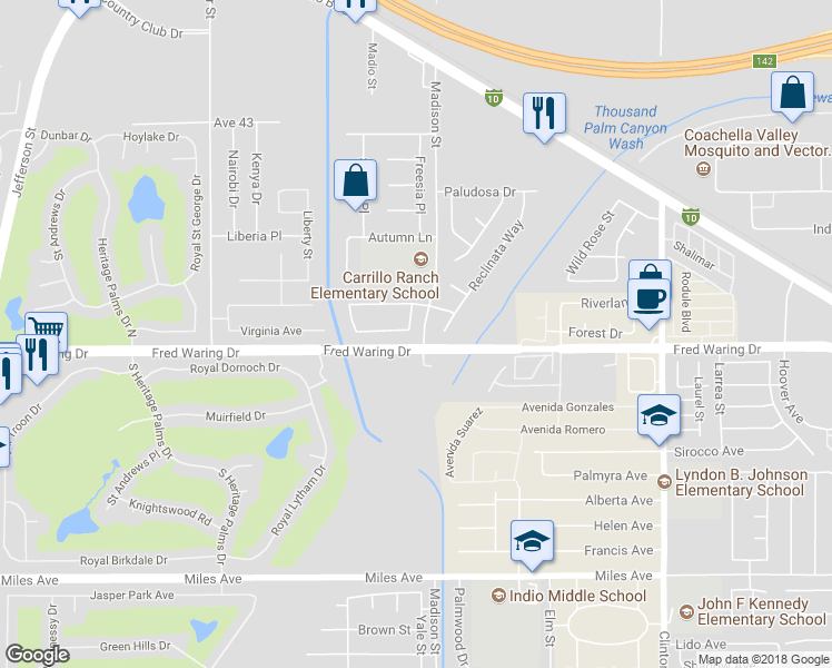 map of restaurants, bars, coffee shops, grocery stores, and more near 43916 Aspen Street in Indio