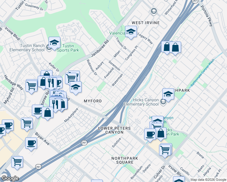 map of restaurants, bars, coffee shops, grocery stores, and more near 171 Waterman in Irvine