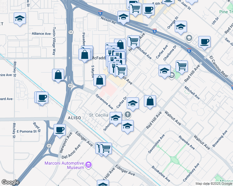 map of restaurants, bars, coffee shops, grocery stores, and more near 14662 Newport Avenue in Tustin