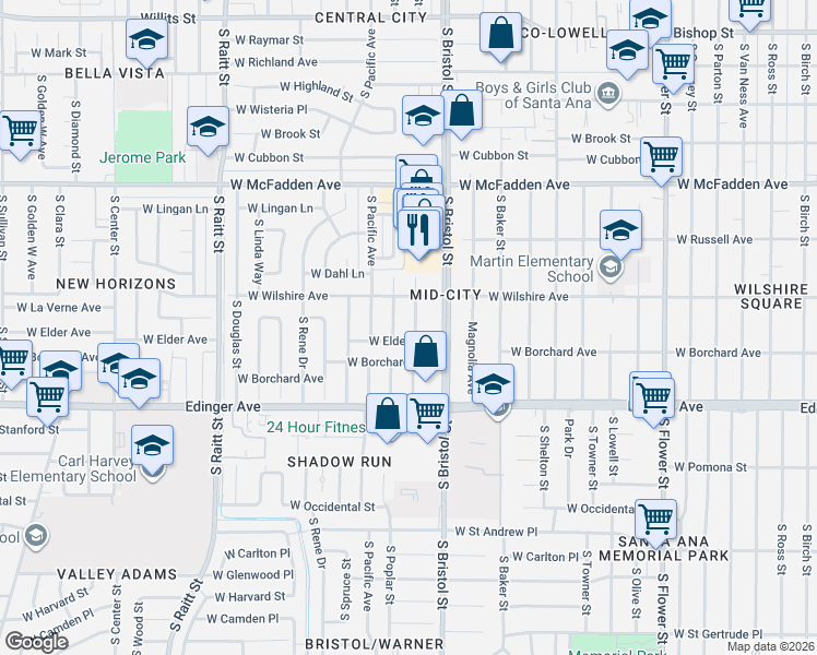 map of restaurants, bars, coffee shops, grocery stores, and more near 1306 South Hesperian Street in Santa Ana