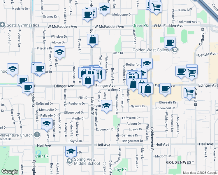 map of restaurants, bars, coffee shops, grocery stores, and more near 15961 Belfast Lane in Huntington Beach