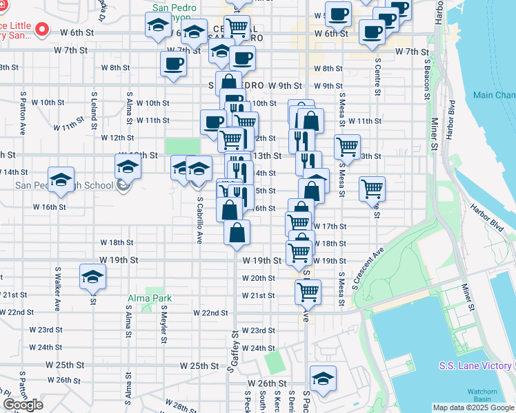 map of restaurants, bars, coffee shops, grocery stores, and more near 657 West 15th Street in Los Angeles