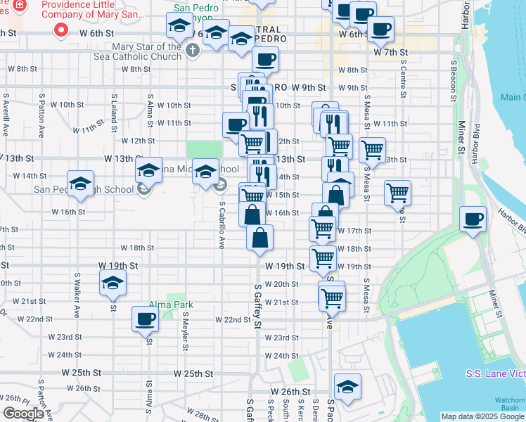 map of restaurants, bars, coffee shops, grocery stores, and more near 657 West 15th Street in Los Angeles