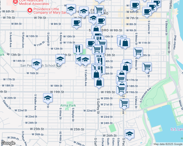 map of restaurants, bars, coffee shops, grocery stores, and more near 721 West 15th Street in Los Angeles