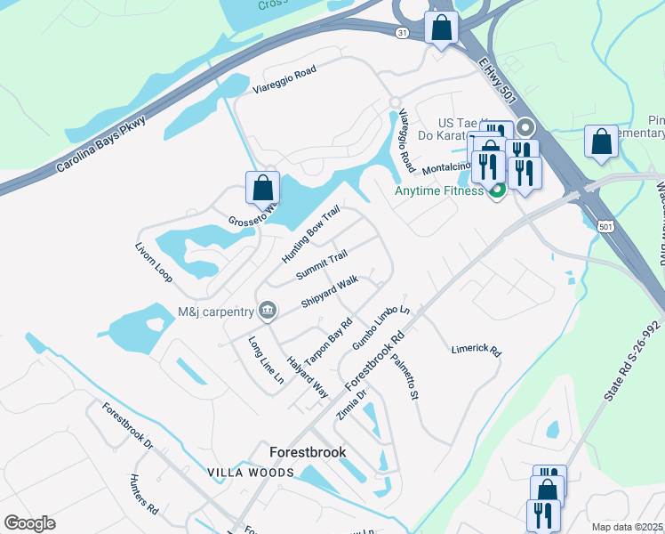 map of restaurants, bars, coffee shops, grocery stores, and more near 4330 Cross Cut Trail in Myrtle Beach