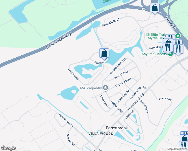 map of restaurants, bars, coffee shops, grocery stores, and more near 4620 Livorn Loop in Myrtle Beach