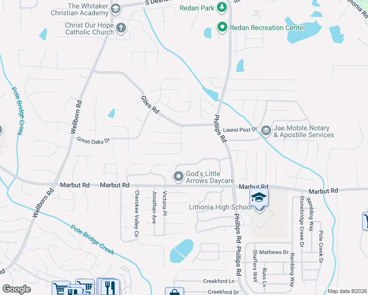 map of restaurants, bars, coffee shops, grocery stores, and more near 2005 Lown Farm Lane in Lithonia