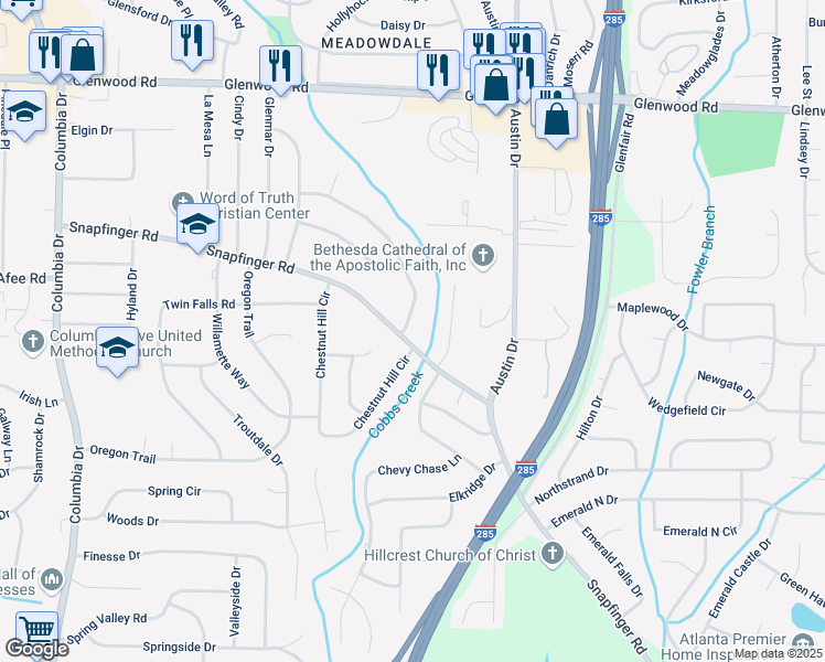 map of restaurants, bars, coffee shops, grocery stores, and more near 3761 Glen Mora Drive in Decatur
