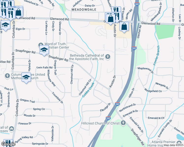 map of restaurants, bars, coffee shops, grocery stores, and more near 3761 Glen Mora Drive in Decatur