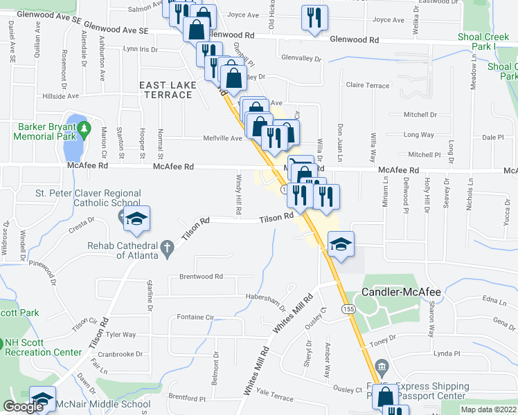 map of restaurants, bars, coffee shops, grocery stores, and more near 2051 Candler Road in Decatur