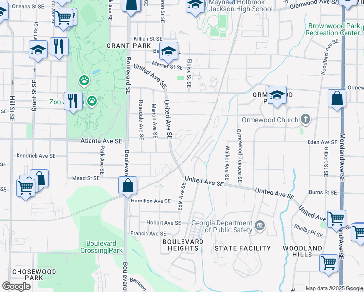map of restaurants, bars, coffee shops, grocery stores, and more near 857 Charles Bank Avenue Southeast in Atlanta
