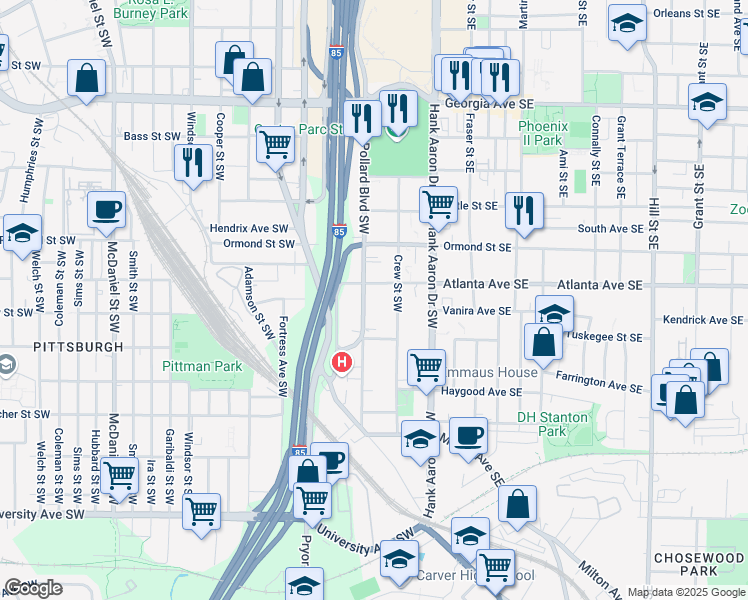 map of restaurants, bars, coffee shops, grocery stores, and more near 918 Washington Street Southwest in Atlanta