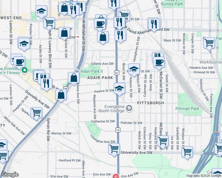 map of restaurants, bars, coffee shops, grocery stores, and more near 649 Pearce Street Southwest in Atlanta