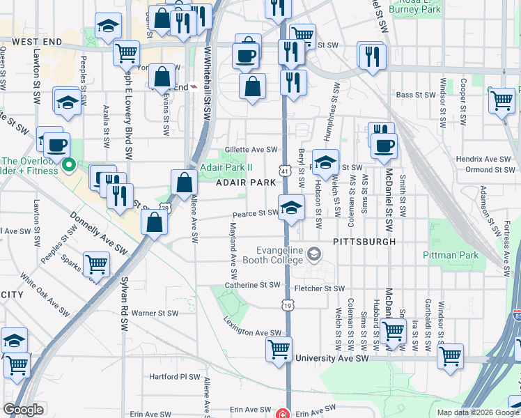 map of restaurants, bars, coffee shops, grocery stores, and more near 673 Pearce Street Southwest in Atlanta