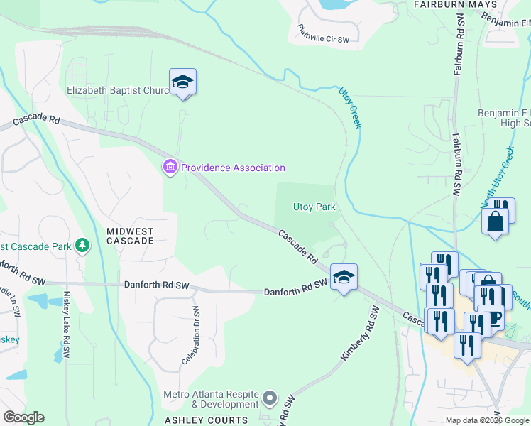 map of restaurants, bars, coffee shops, grocery stores, and more near 4071 Cascade Road Southwest in Atlanta