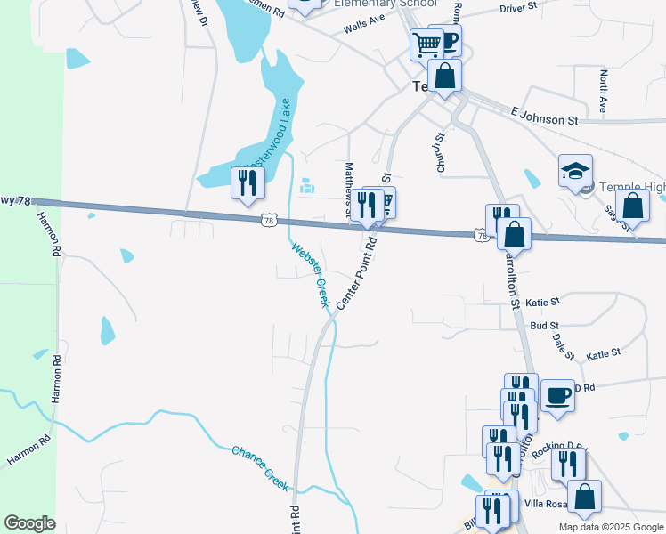 map of restaurants, bars, coffee shops, grocery stores, and more near 119 Sourwood Lane in Temple