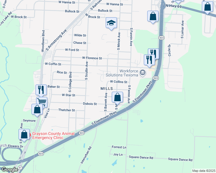 map of restaurants, bars, coffee shops, grocery stores, and more near 630 West Collins Street in Denison
