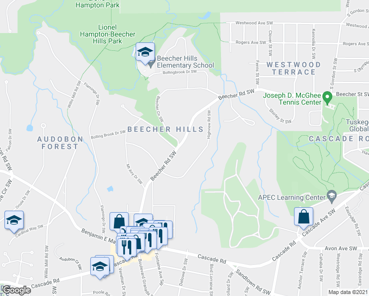map of restaurants, bars, coffee shops, grocery stores, and more near 2206 Beecher Road Southwest in Atlanta