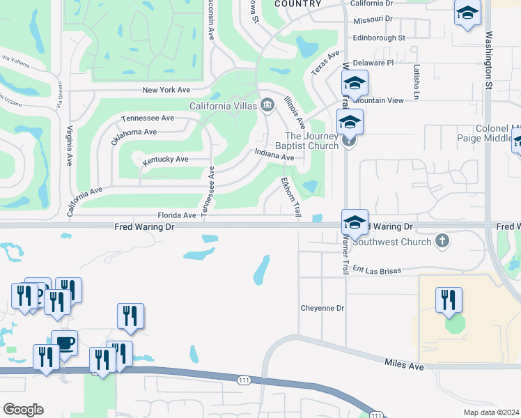 map of restaurants, bars, coffee shops, grocery stores, and more near 43755 Louisiana Street in Palm Desert