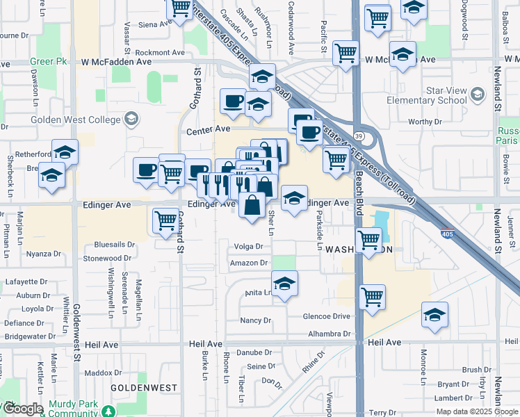 map of restaurants, bars, coffee shops, grocery stores, and more near 7622 Edinger Avenue in Huntington Beach