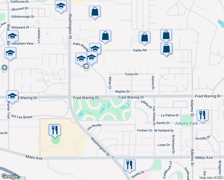 map of restaurants, bars, coffee shops, grocery stores, and more near 43950 Milan Court in La Quinta