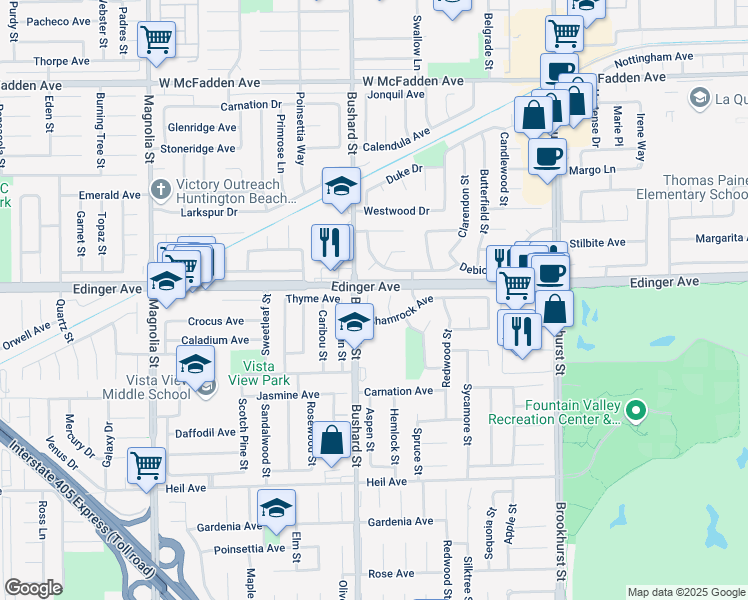 map of restaurants, bars, coffee shops, grocery stores, and more near 9516 Andover Circle in Fountain Valley