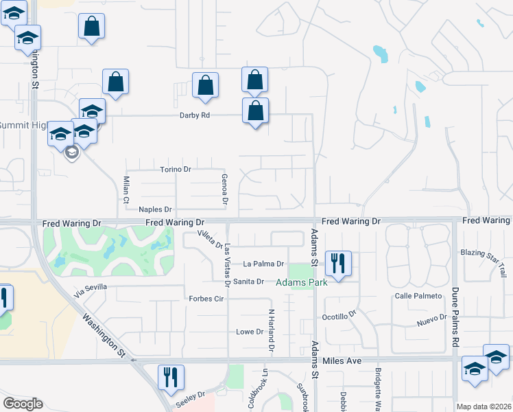 map of restaurants, bars, coffee shops, grocery stores, and more near 78870 Meridian Way in La Quinta