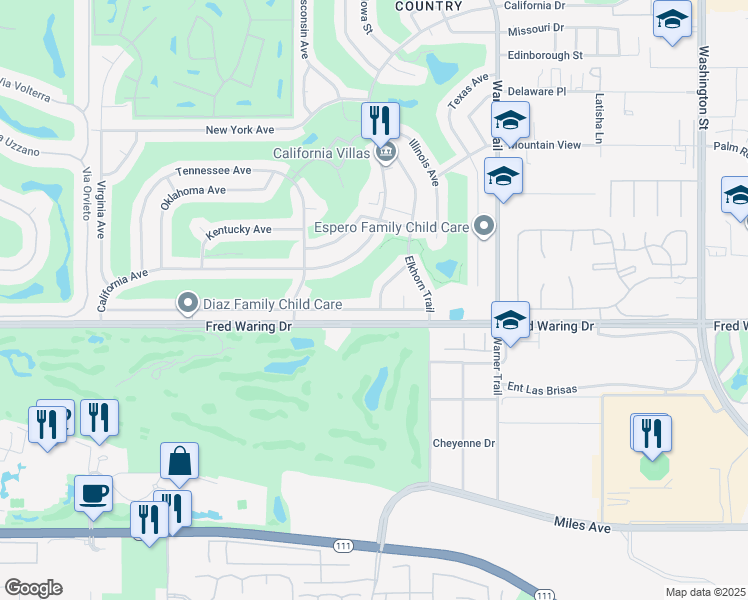 map of restaurants, bars, coffee shops, grocery stores, and more near 43755 Louisiana Street in Palm Desert