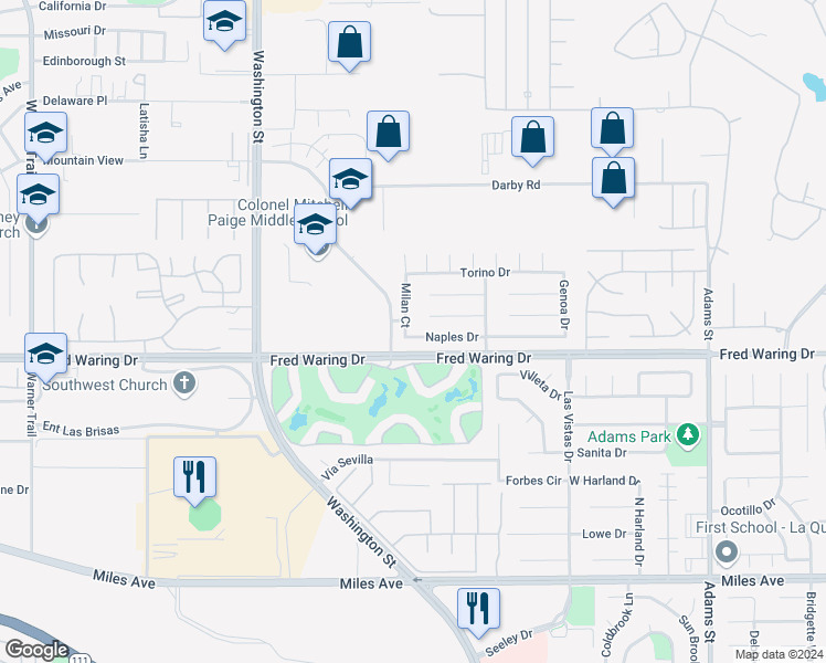 map of restaurants, bars, coffee shops, grocery stores, and more near 43950 Milan Court in La Quinta