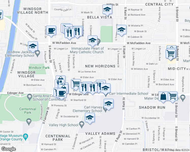map of restaurants, bars, coffee shops, grocery stores, and more near 2217 West Elder Avenue in Santa Ana