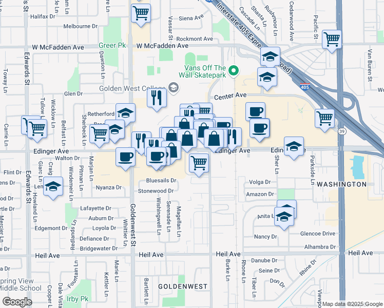 map of restaurants, bars, coffee shops, grocery stores, and more near 7290 Edinger Avenue in Huntington Beach