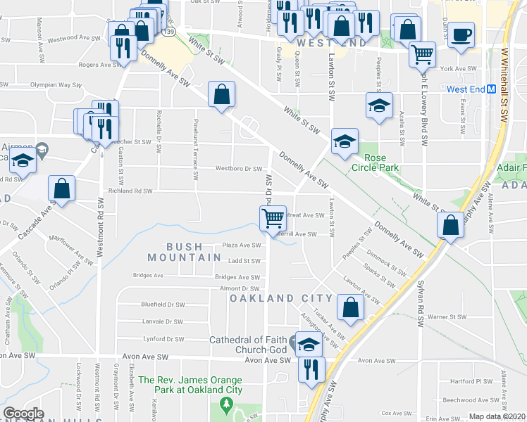 map of restaurants, bars, coffee shops, grocery stores, and more near 925 Oakland Drive Southwest in Atlanta