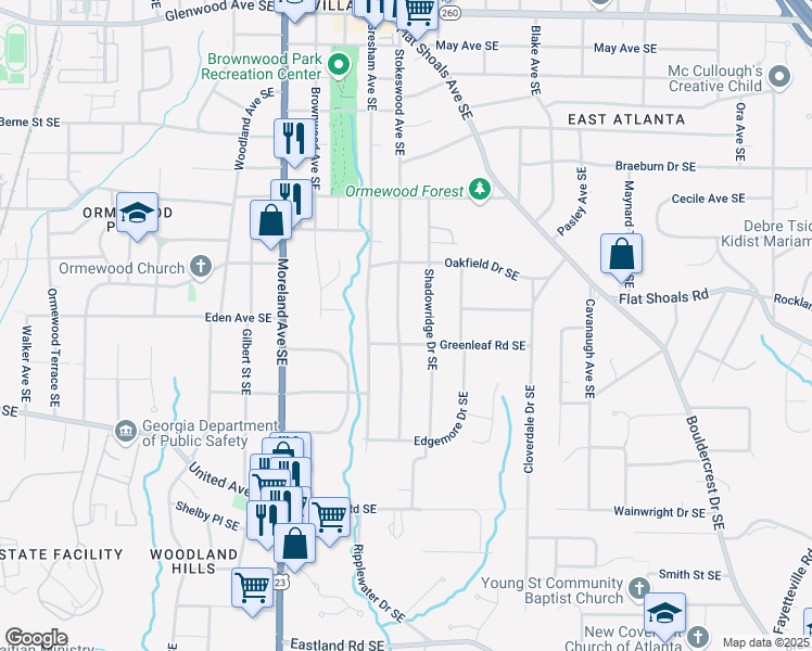 map of restaurants, bars, coffee shops, grocery stores, and more near 880 Stokeswood Avenue Southeast in Atlanta