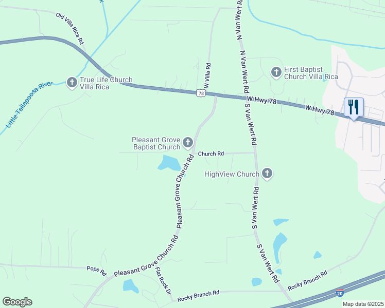 map of restaurants, bars, coffee shops, grocery stores, and more near 920 Pleasant Grove Church Road in Villa Rica