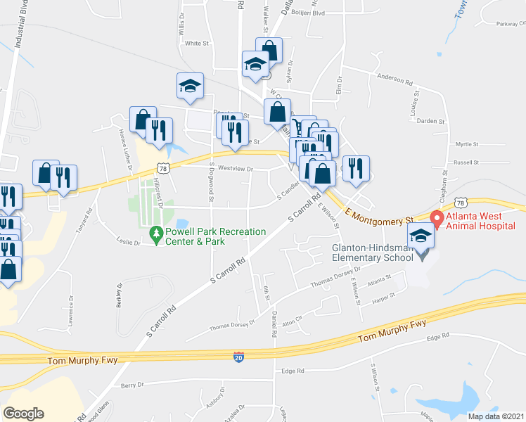 map of restaurants, bars, coffee shops, grocery stores, and more near 232 South Candler Street in Villa Rica